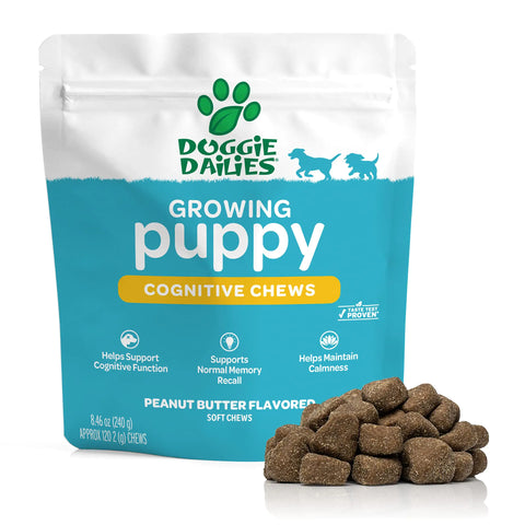 Doggie Dailies Cognitive Puppy Chews | Puppy Vitamins with DHA Selenium Organic Ashwagandha & Antioxidants to Support Brain Health Nervous System Function & Promote Calmness | 120 Soft Chews