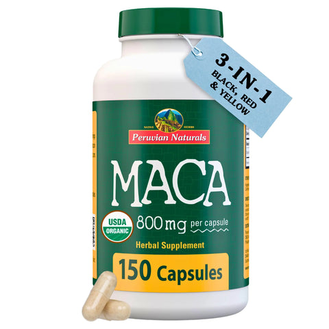 Organic Maca Root Capsules for Women & Men 800mg - 150 Maca Pills of Black Red Yellow Maca Supplement - Gelatinized Macaroot Non-GMO Vegan by Peruvian Naturals