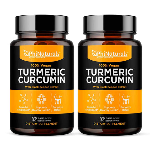 PhiNaturals Turmeric Curcumin Supplement with Black Pepper Extract - 4200 mg Whole Curcuma Root Equivalent Per 3 Capsules Serving - Tumeric Pills