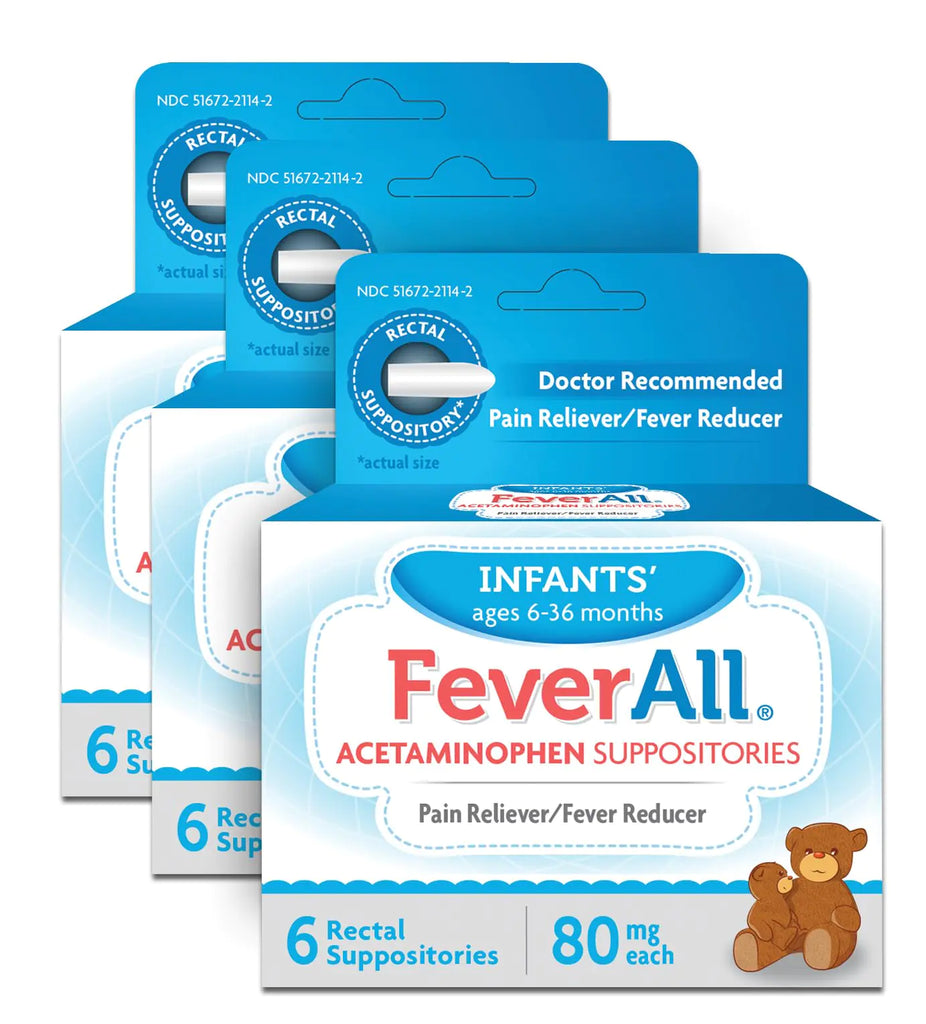 Feverall Infant Acetaminophen Suppositories 6 Rectal Suppositories 80mg Each Pain Reliever/Fever Reducer. Paraben Free No Artificial Colors or Other preservatives. Ages 6-36 Months. Value 3 Pack.