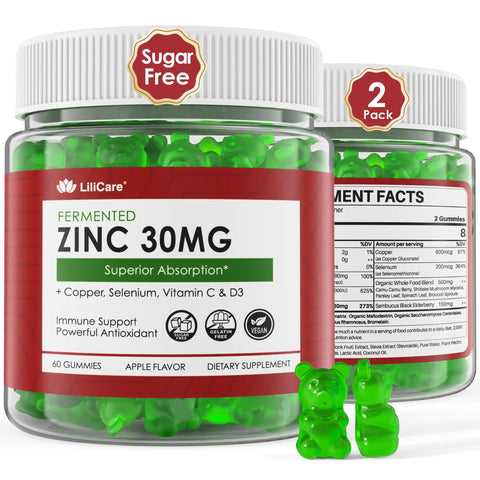 Zinc Gummies 30mg High Absorption Fermented Zinc Supplements + Copper Selenium Vitamin C & D Black Elderberry Zinc Complex for Daily Immune Support Powerful Antioxidant Vegan Sugar Free 60 Cts