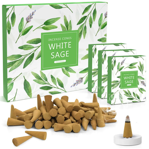 LA BELLEFÉE White Sage Incense Cones 120 Pcs Incense Cones with Incense Holder Natural Fall Scents Incense Cones Indoor Odor Remover Incense for Meditation Relaxation and Spiritual Cleansing