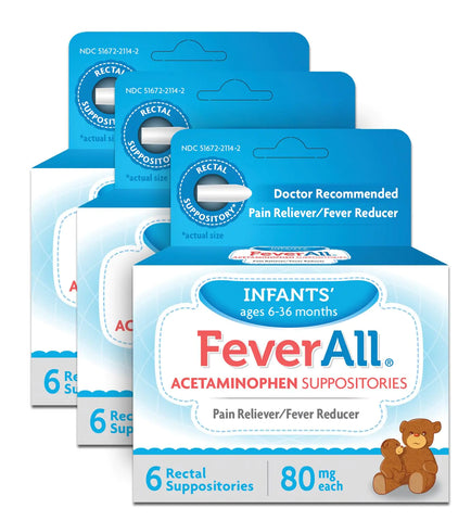 Feverall Infant Acetaminophen Suppositories 6 Rectal Suppositories 80mg Each Pain Reliever/Fever Reducer. Paraben Free No Artificial Colors or Other preservatives. Ages 6-36 Months. Value 3 Pack.